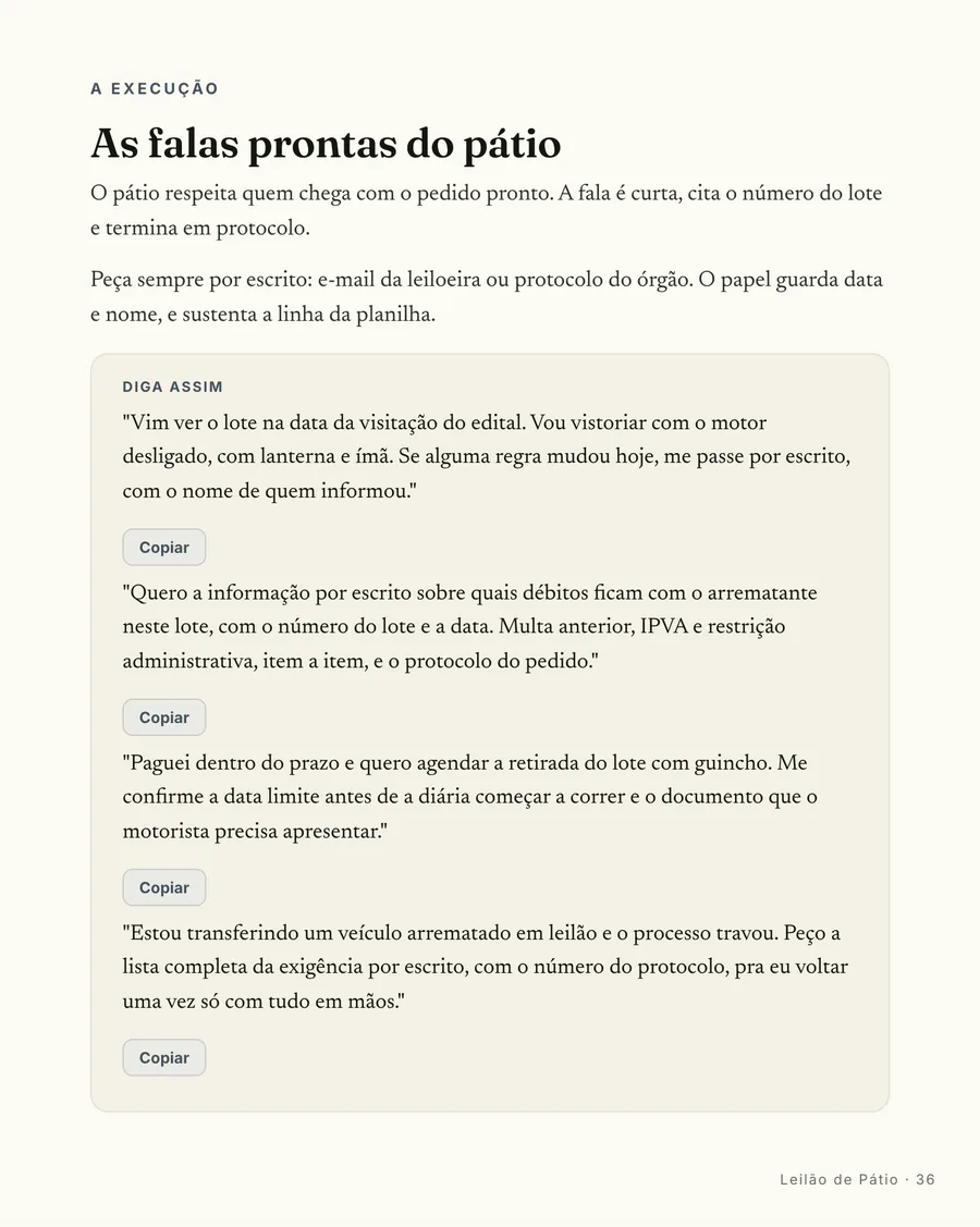 Falas prontas: As falas do pátio: pedido de ficha, de débito e de agendamento de vistoria, prontos pra copiar